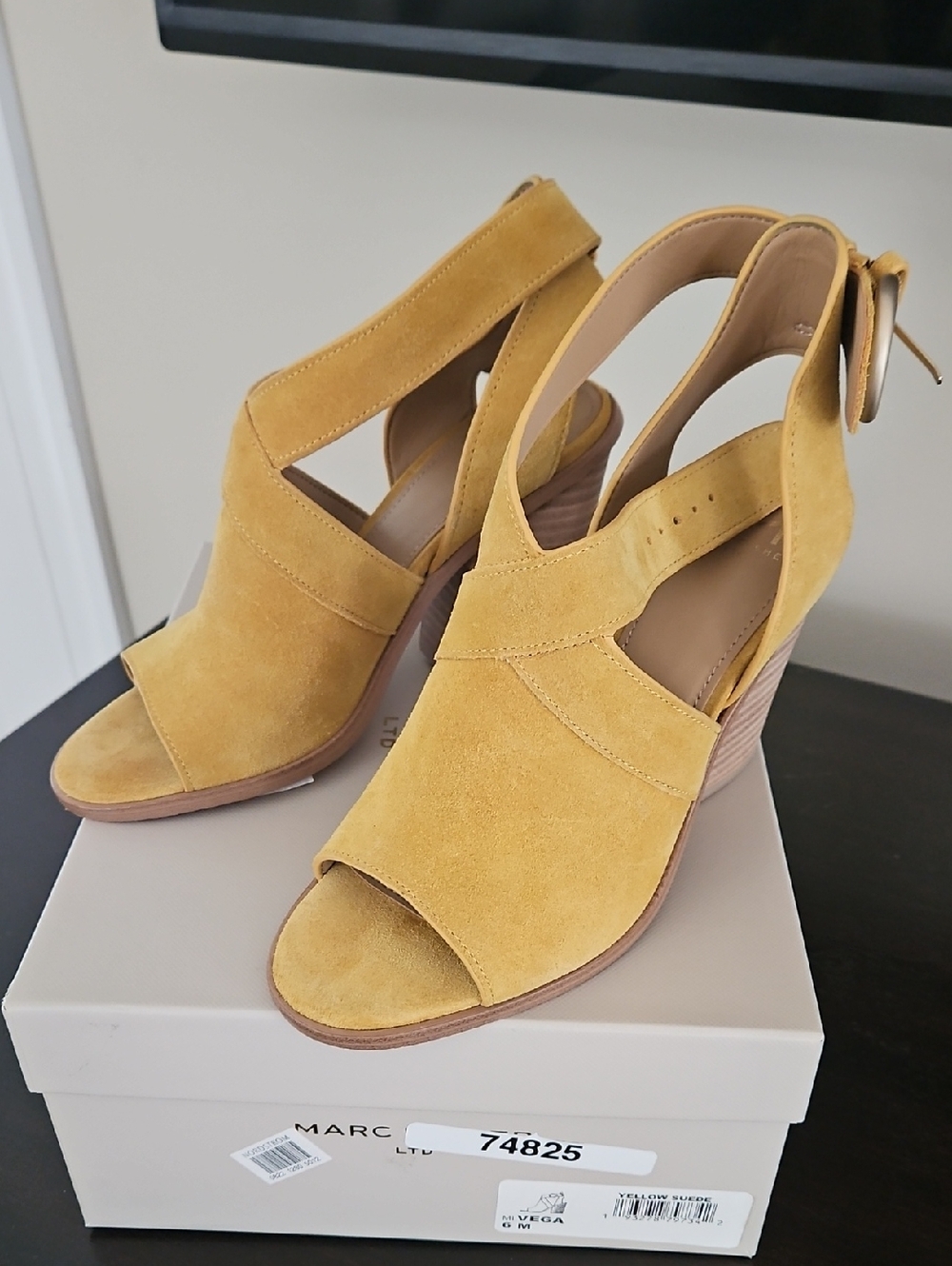 Marc Fisher Yellow Suede Slingback Wedge Sandals